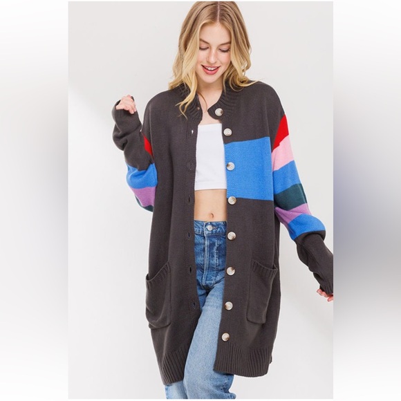 COLOR BLOCK BUTTON DOWN CARDGAN WITH POCKET - Picture 2 of 4